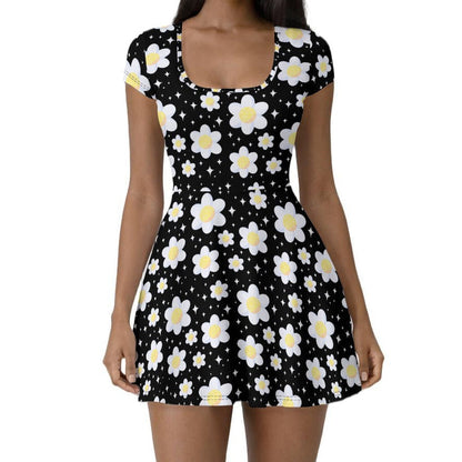 Daisy Dreams Sporty Women’s Square Neck Cap Sleeve Athletic Exercise Mini Dress With Shorts (Midnight Black) cute cottagecore flower flowers y2k trendy summer sexy micro mini dress sportswear