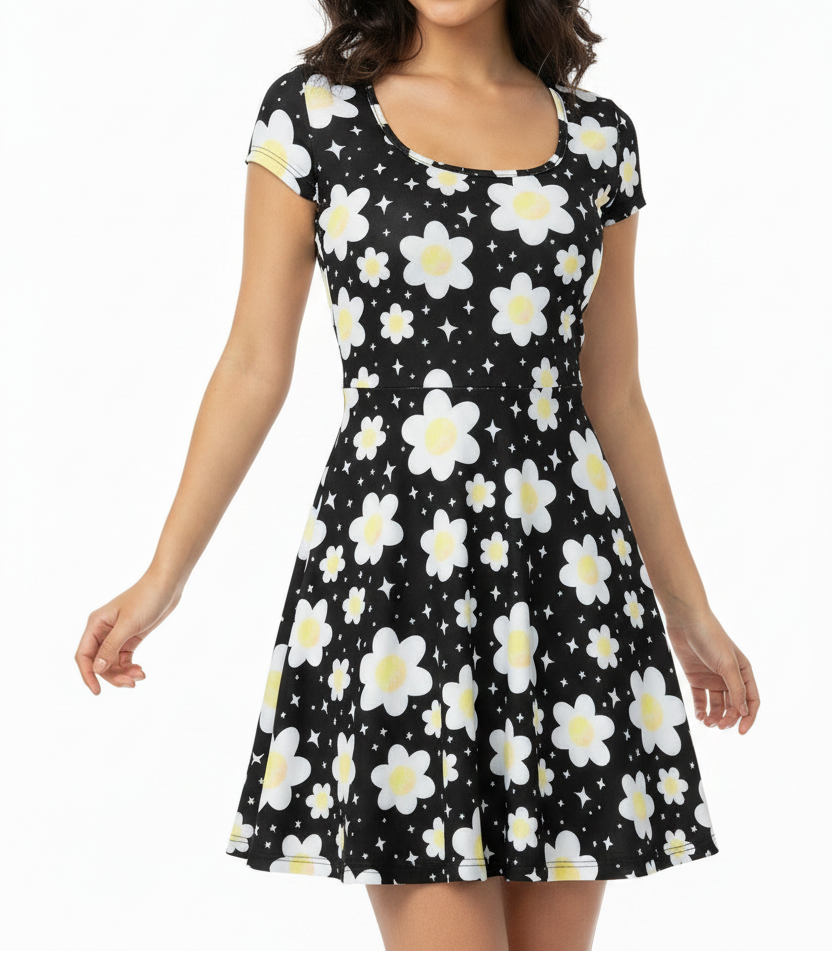 Daisy Dreams Sporty Women’s Square Neck Cap Sleeve Athletic Exercise Mini Dress With Shorts (Midnight Black) cute cottagecore flower flowers y2k trendy summer sexy micro mini dress sportswear skater dress circle skirt