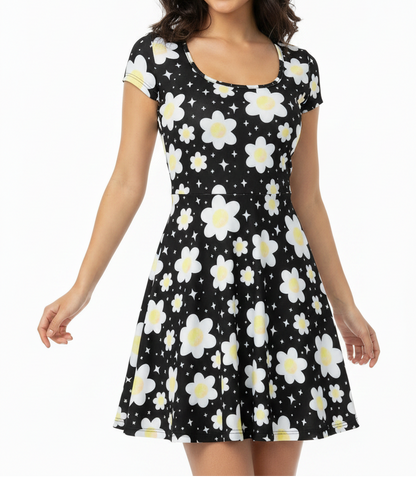 Daisy Dreams Sporty Women’s Square Neck Cap Sleeve Athletic Exercise Mini Dress With Shorts (Midnight Black) cute cottagecore flower flowers y2k trendy summer sexy micro mini dress sportswear skater dress circle skirt