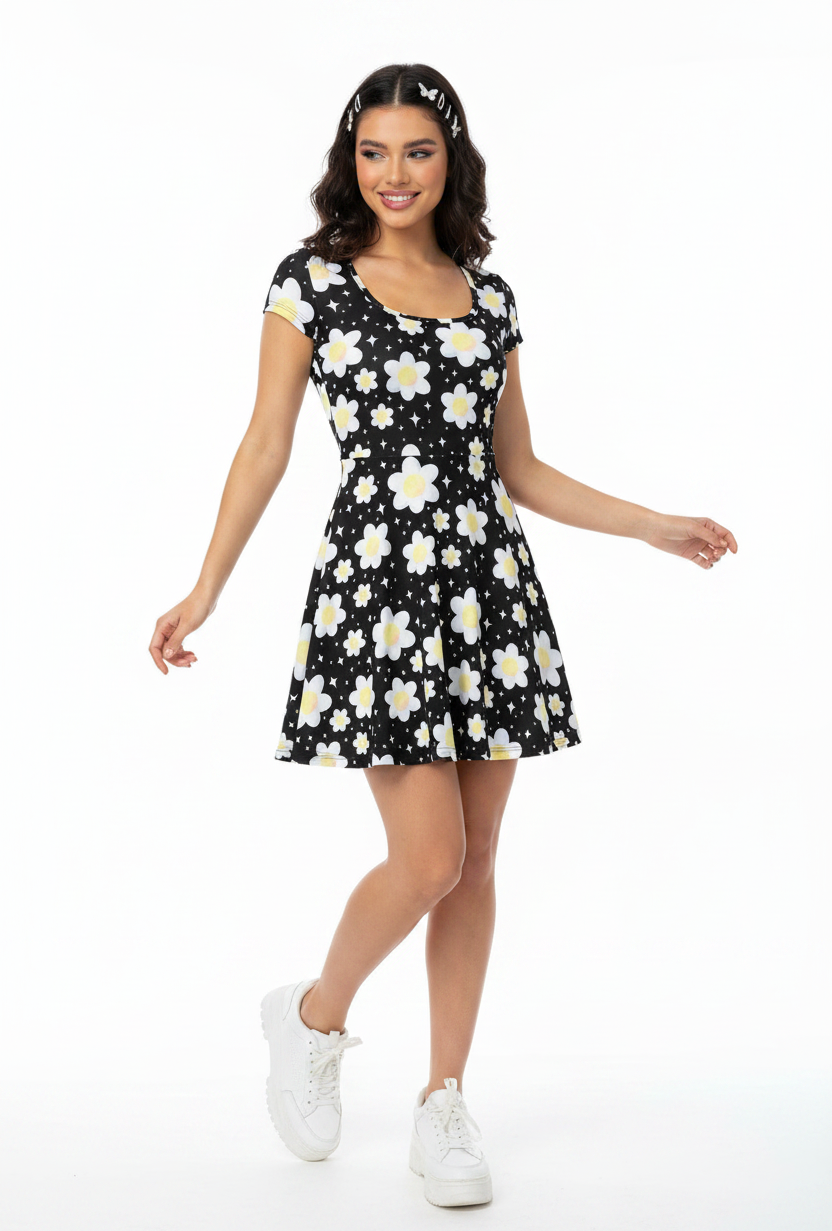 Daisy Dreams Sporty Women’s Square Neck Cap Sleeve Athletic Exercise Mini Dress With Shorts (Midnight Black) cute cottagecore flower flowers y2k trendy summer sexy micro mini dress sportswear skater dress circle skirt