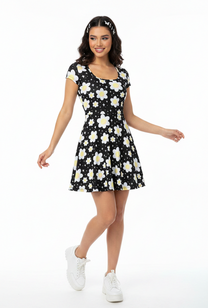 Daisy Dreams Sporty Women’s Square Neck Cap Sleeve Athletic Exercise Mini Dress With Shorts (Midnight Black) cute cottagecore flower flowers y2k trendy summer sexy micro mini dress sportswear skater dress circle skirt
