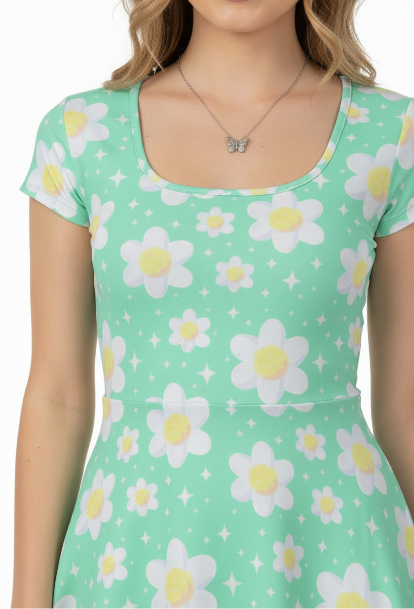 Daisy Dreams Sporty Women’s Square Neck Cap Sleeve Athletic Exercise Mini Dress With Shorts (Mint Green) cute cottagecore flower flowers y2k trendy summer sexy micro mini dress sportswear skater dress circle skirt 