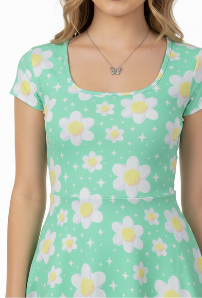 Daisy Dreams Sporty Women’s Square Neck Cap Sleeve Athletic Exercise Mini Dress With Shorts (Mint Green) cute cottagecore flower flowers y2k trendy summer sexy micro mini dress sportswear skater dress circle skirt 