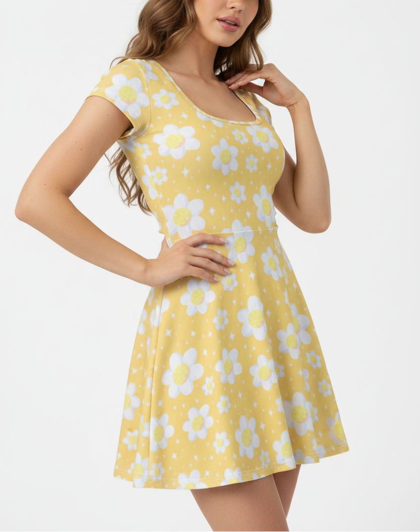 Daisy Dreams Sporty Women’s Square Neck Cap Sleeve Athletic Exercise Mini Dress With Shorts (Sunshine Yellow) cute cottagecore flower flowers y2k trendy summer sexy micro mini dress sportswear skater dress circle skirt 
