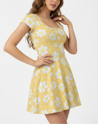 Daisy Dreams Sporty Women’s Square Neck Cap Sleeve Athletic Exercise Mini Dress With Shorts (Sunshine Yellow) cute cottagecore flower flowers y2k trendy summer sexy micro mini dress sportswear skater dress circle skirt 