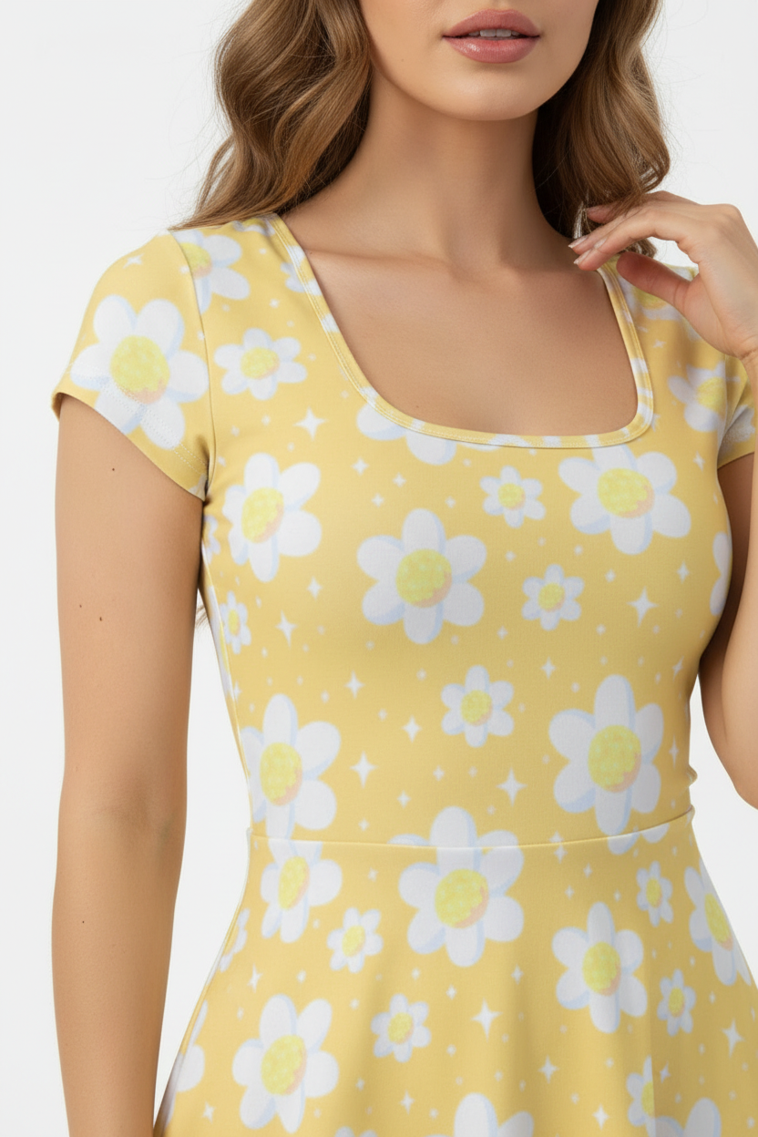 Daisy Dreams Sporty Women’s Square Neck Cap Sleeve Athletic Exercise Mini Dress With Shorts (Sunshine Yellow) cute cottagecore flower flowers y2k trendy summer sexy micro mini dress sportswear skater dress circle skirt 