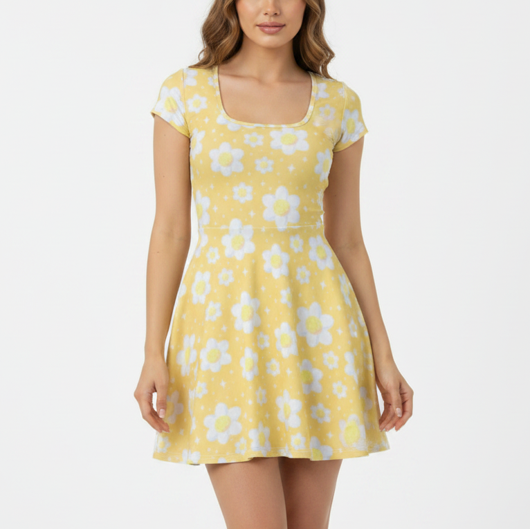 Daisy Dreams Sporty Women’s Square Neck Cap Sleeve Athletic Exercise Mini Dress With Shorts (Sunshine Yellow) cute cottagecore flower flowers y2k trendy summer sexy micro mini dress sportswear skater dress circle skirt 
