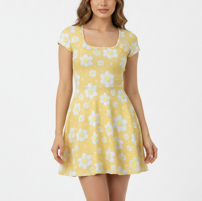 Daisy Dreams Sporty Women’s Square Neck Cap Sleeve Athletic Exercise Mini Dress With Shorts (Sunshine Yellow) cute cottagecore flower flowers y2k trendy summer sexy micro mini dress sportswear skater dress circle skirt 
