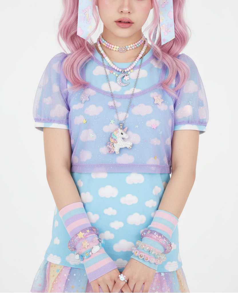 Dreamy Clouds Unisex Cotton T-Shirt (Sky Blue) tenshi kaiwai kawaii fashion jfashion Harajuku fashion pastel heisei retro fairy kei yume kawaii Japanese street fashion yumekawaii cutecore jojifuku