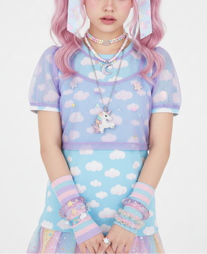 Dreamy Clouds Unisex Cotton T-Shirt (Sky Blue) tenshi kaiwai kawaii fashion jfashion Harajuku fashion pastel heisei retro fairy kei yume kawaii Japanese street fashion yumekawaii cutecore jojifuku