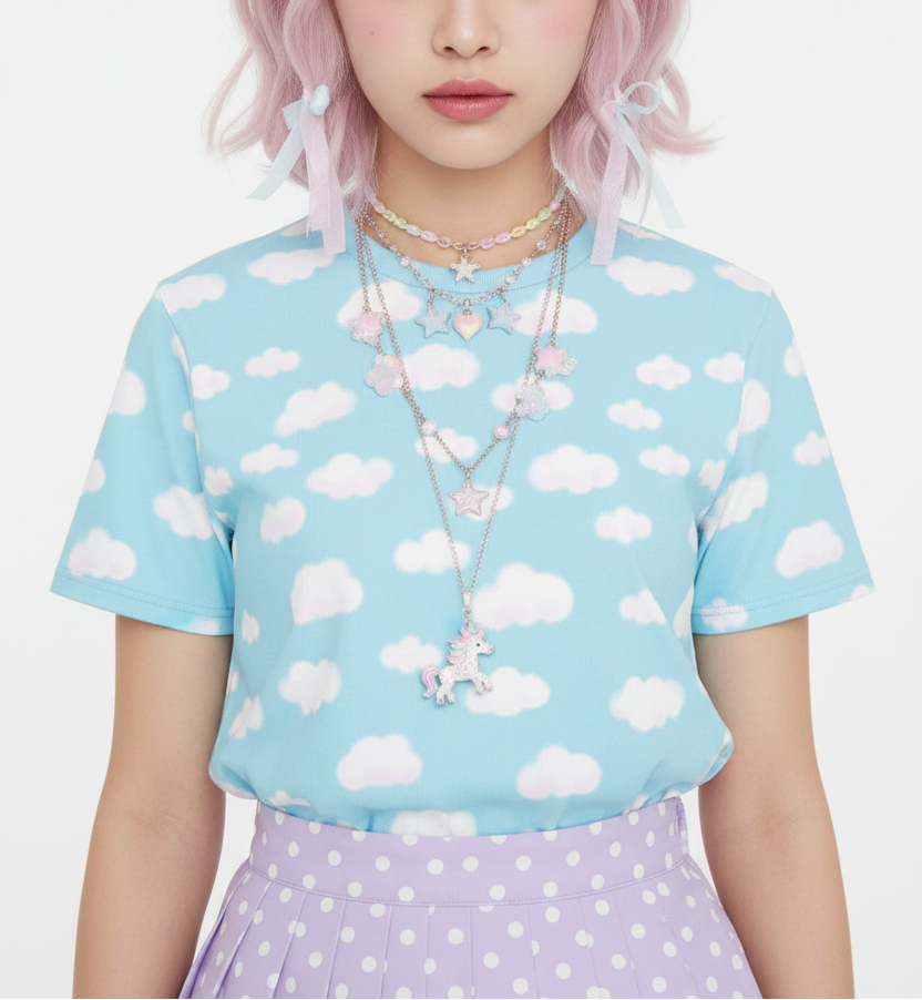 Dreamy Clouds Unisex Cotton T-Shirt (Sky Blue) tenshi kaiwai kawaii fashion jfashion Harajuku fashion pastel heisei retro fairy kei yume kawaii Japanese street fashion yumekawaii cutecore jojifuku
