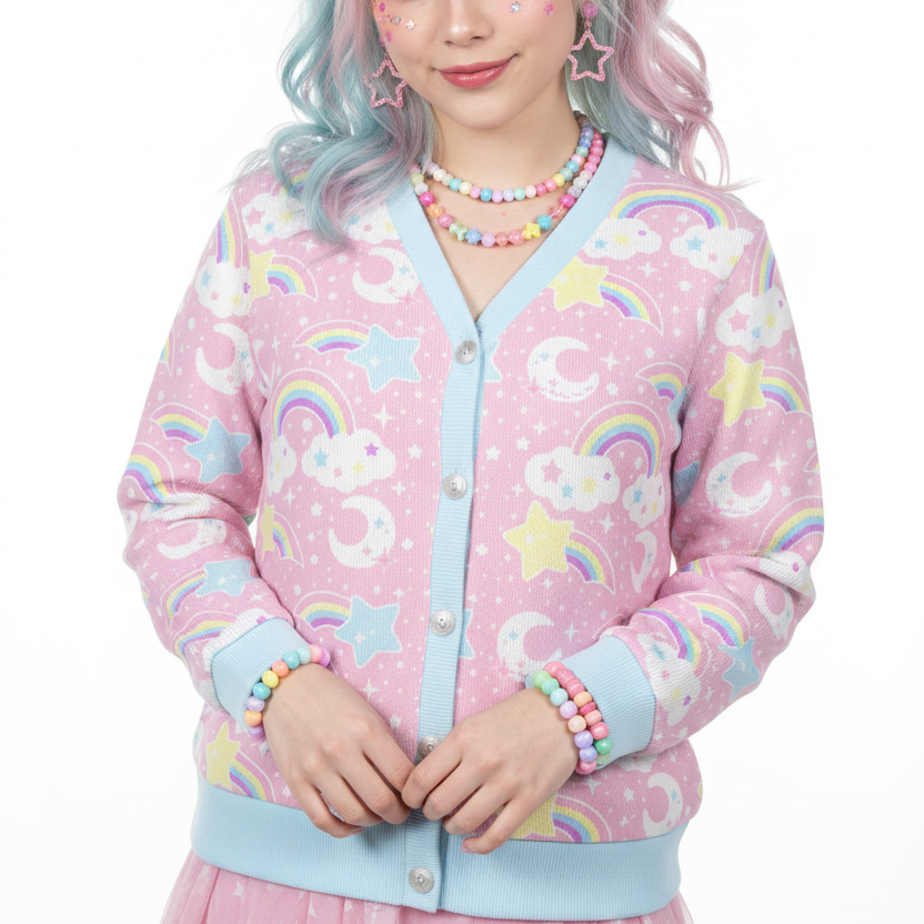 Dreamy Rainbow Women's Ribbed Button Up Cardigan (Pink) kawaii fashion Harajuku fashion jfashion fairy kei yume kawaii jojifuku cutecore fancy dreamy cute
