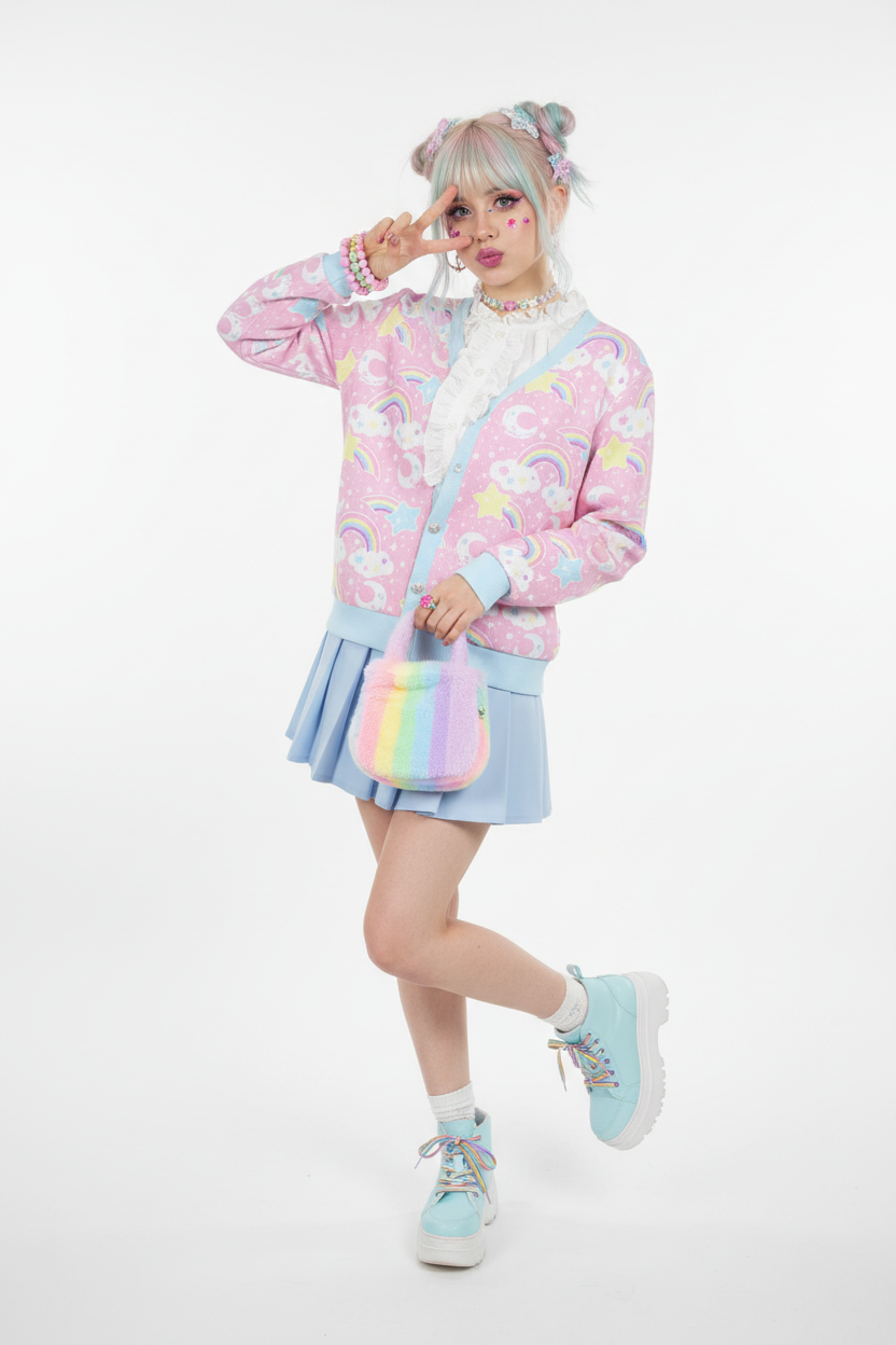 Dreamy Rainbow Women's Ribbed Button Up Cardigan (Pink) kawaii fashion Harajuku fashion jfashion fairy kei yume kawaii jojifuku cutecore fancy dreamy cute