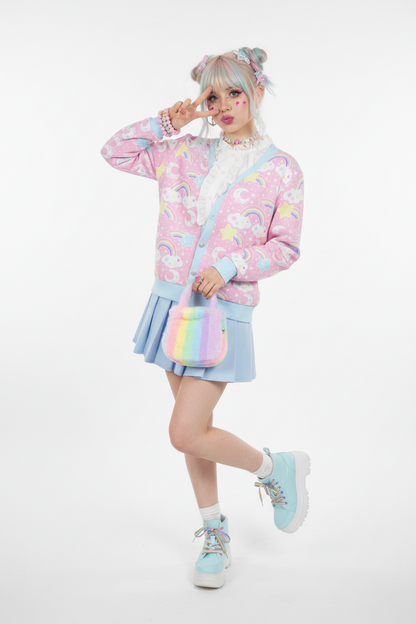 Dreamy Rainbow Women's Ribbed Button Up Cardigan (Pink) kawaii fashion Harajuku fashion jfashion fairy kei yume kawaii jojifuku cutecore fancy dreamy cute