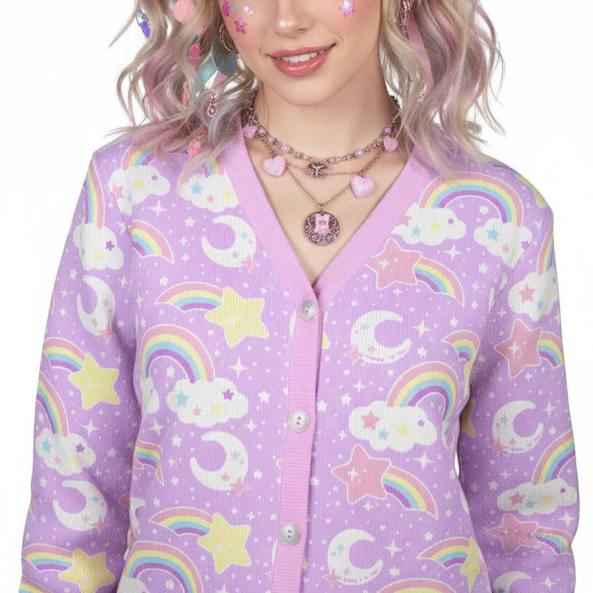 Dreamy Rainbow Women's Ribbed Button Up Cardigan (Purple) kawaii harajuku fashion jfashion fairy kei yume kawaii pastel 