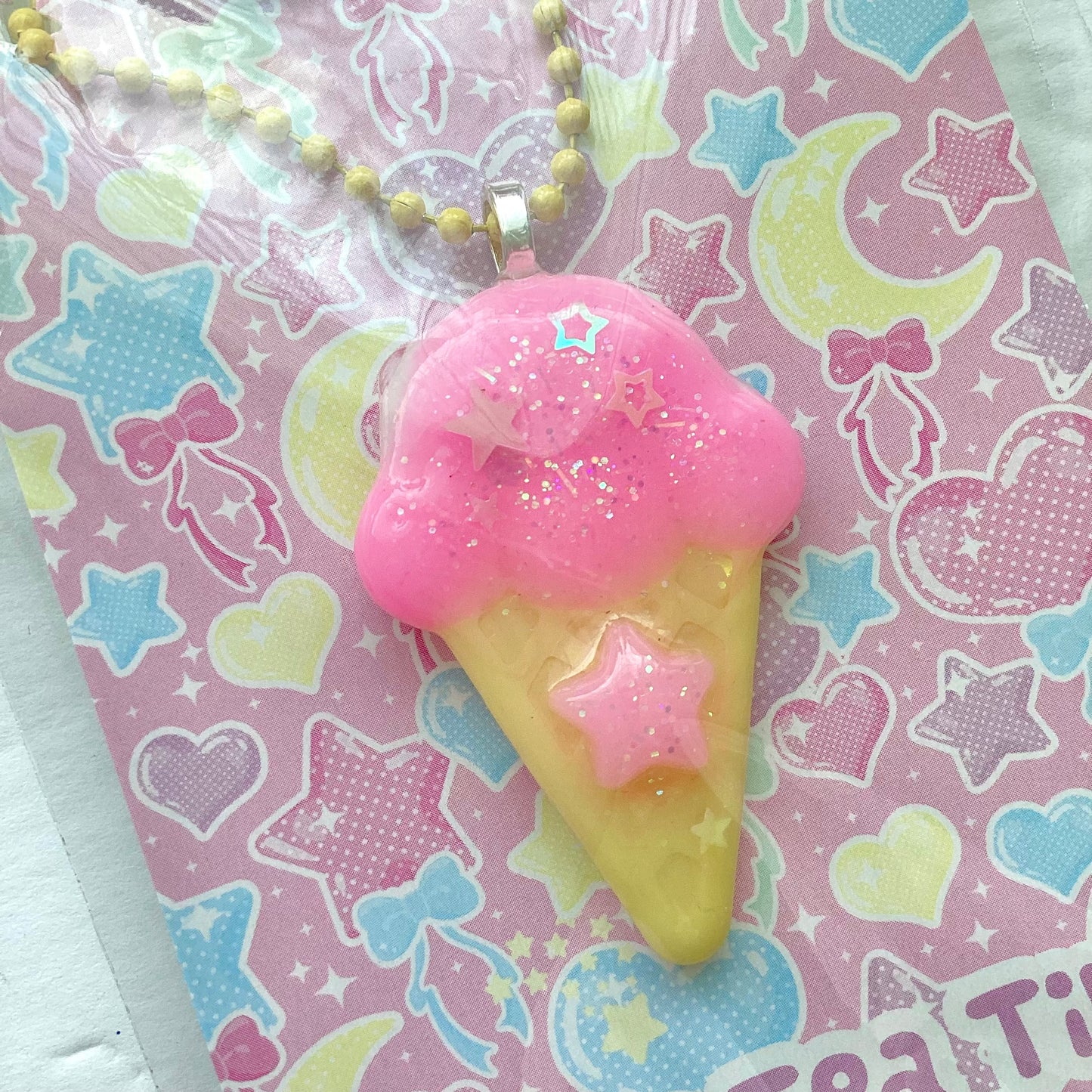Pink Strawberry Magic Scoop Ice Cream Necklace Mahou Kei Fairy Kei Yume Kawaii