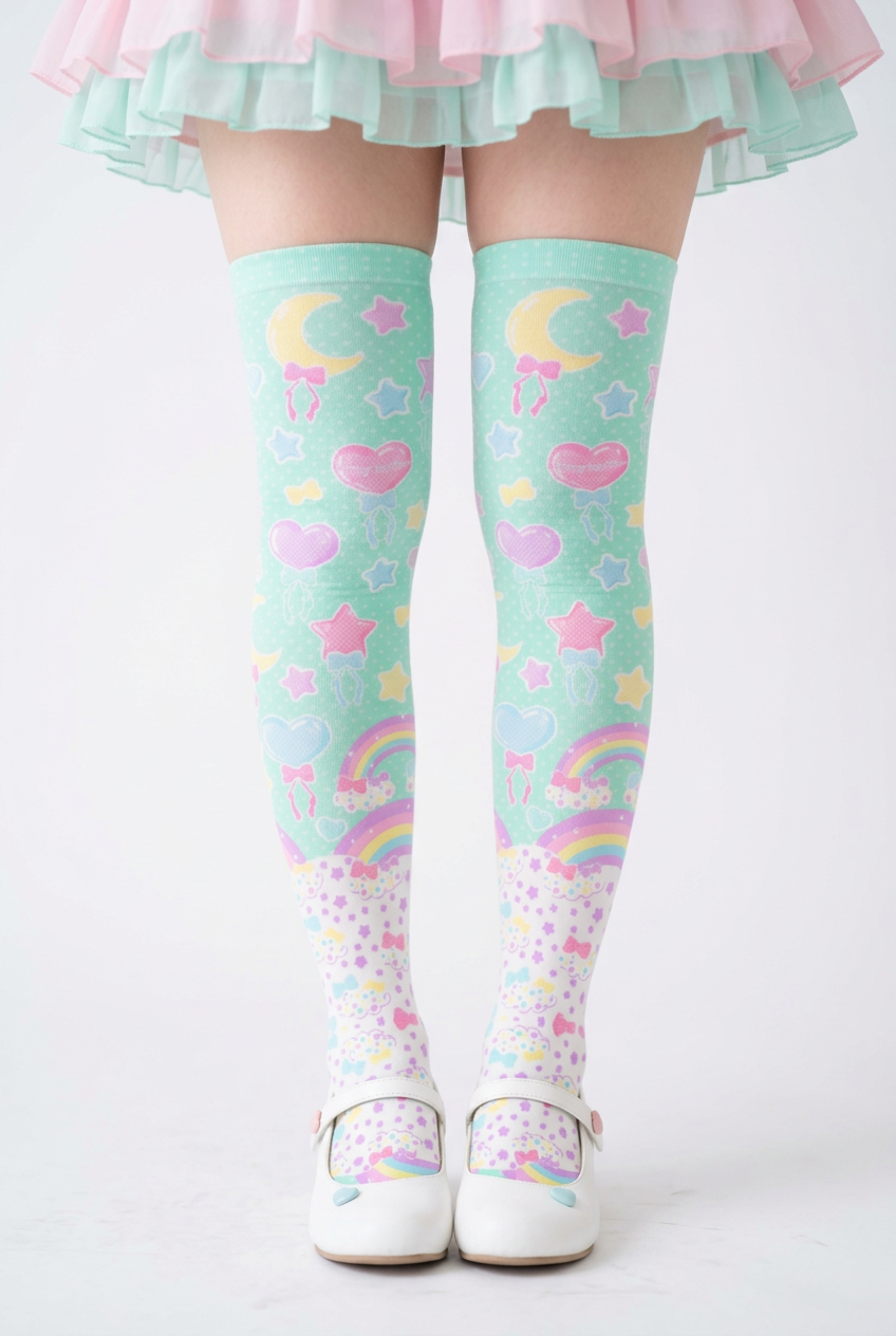 Fairy Kei Yume Kawaii Fashion Trendy pantyhose Jfashion Harajuku style EGL Japanese Street Fashion Cutecore Heisei Retro Era Pastel Party Over Knee Stocking Socks (Mint) green cute Japanese clothing dopamine dressing pastel rainbow 