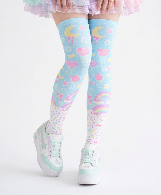Fairy Kei Yume Kawaii Fashion Trendy pantyhose Jfashion Harajuku style Japanese Street Fashion Cutecore Heisei Retro Era Pastel Party Over Knee Stocking Socks (Blue) cute Japanese clothing dopamine dressing pastel rainbow 