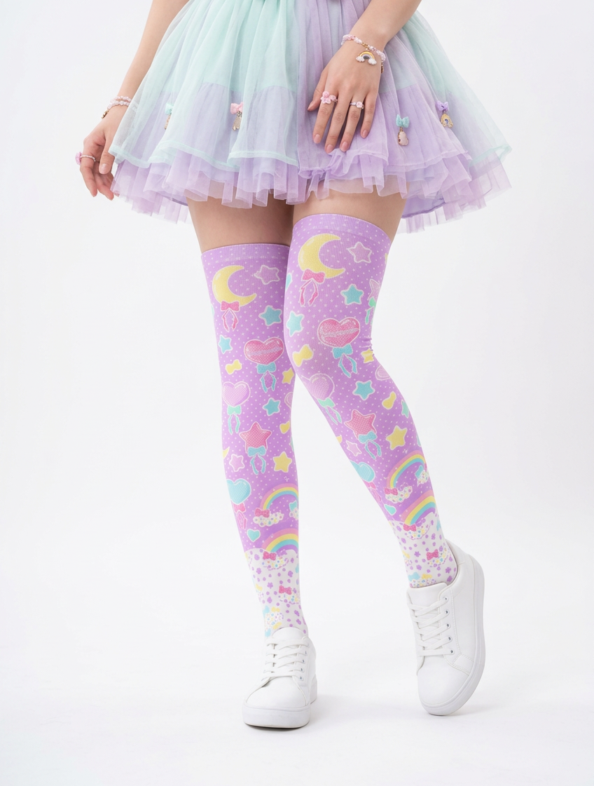 Fairy Kei Yume Kawaii Fashion Trendy pantyhose Jfashion Harajuku style Japanese Street Fashion Cutecore Heisei Retro Era Pastel Party Over Knee Stocking Socks (Lavender) cute Japanese clothing dopamine dressing pastel rainbow purple