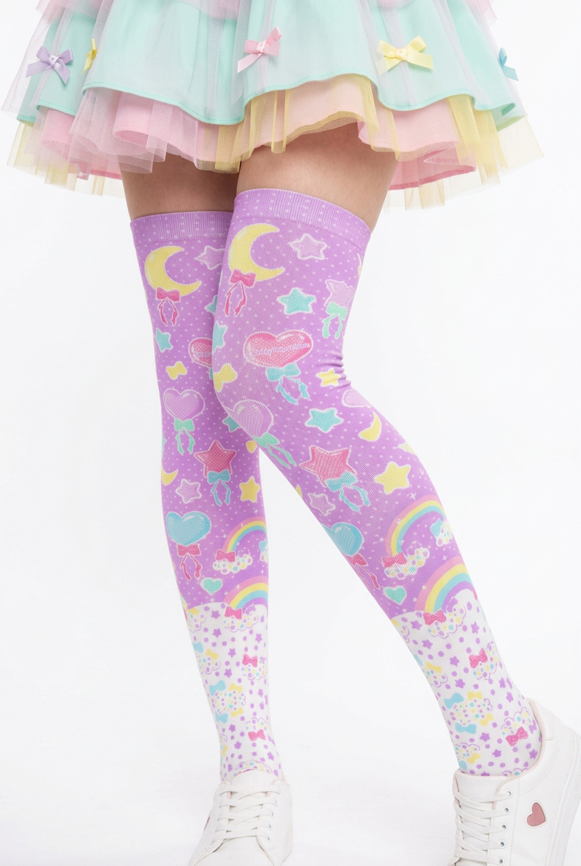 Fairy Kei Yume Kawaii Fashion Trendy pantyhose Jfashion Harajuku style Japanese Street Fashion Cutecore Heisei Retro Era Pastel Party Over Knee Stocking Socks (Lavender) cute Japanese clothing dopamine dressing pastel rainbow purple