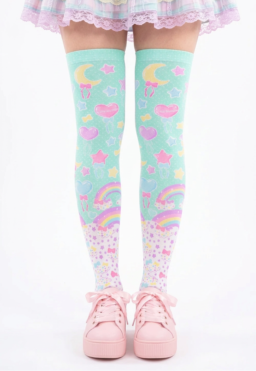 Fairy Kei Yume Kawaii Fashion Trendy pantyhose Jfashion Harajuku style Japanese Street Fashion Cutecore Heisei Retro Era Pastel Party Over Knee Stocking Socks (Mint) green cute Japanese clothing dopamine dressing pastel rainbow 