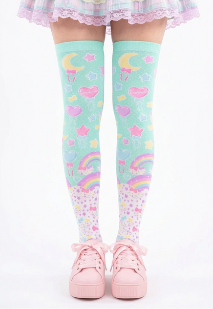 Fairy Kei Yume Kawaii Fashion Trendy pantyhose Jfashion Harajuku style Japanese Street Fashion Cutecore Heisei Retro Era Pastel Party Over Knee Stocking Socks (Mint) green cute Japanese clothing dopamine dressing pastel rainbow 