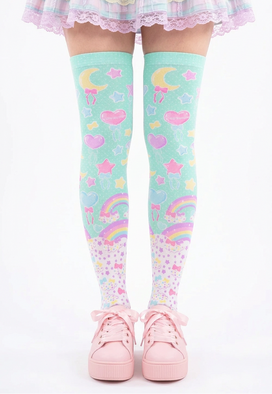 Fairy Kei Yume Kawaii Fashion Trendy pantyhose Jfashion Harajuku style Japanese Street Fashion Cutecore Heisei Retro Era Pastel Party Over Knee Stocking Socks (Mint) green cute Japanese clothing dopamine dressing pastel rainbow 