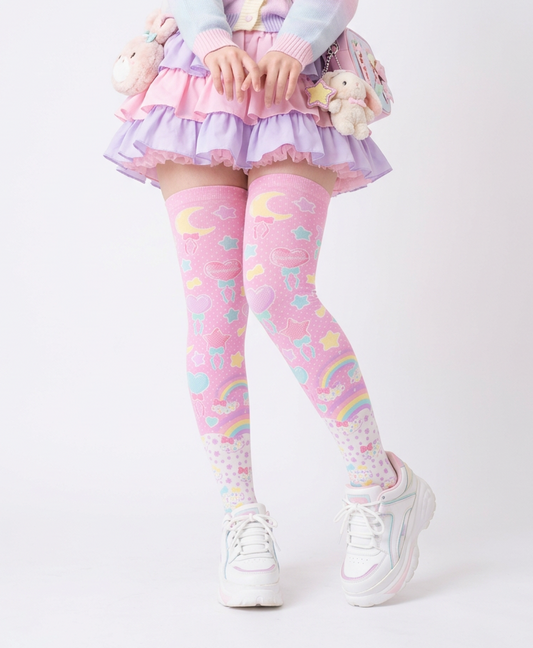 Fairy Kei Yume Kawaii Fashion Trendy pantyhose Jfashion Harajuku style Japanese Street Fashion Cutecore Heisei Retro Era Pastel Party Over Knee Stocking Socks (Pink) cute Japanese clothing dopamine dressing pastel rainbow 