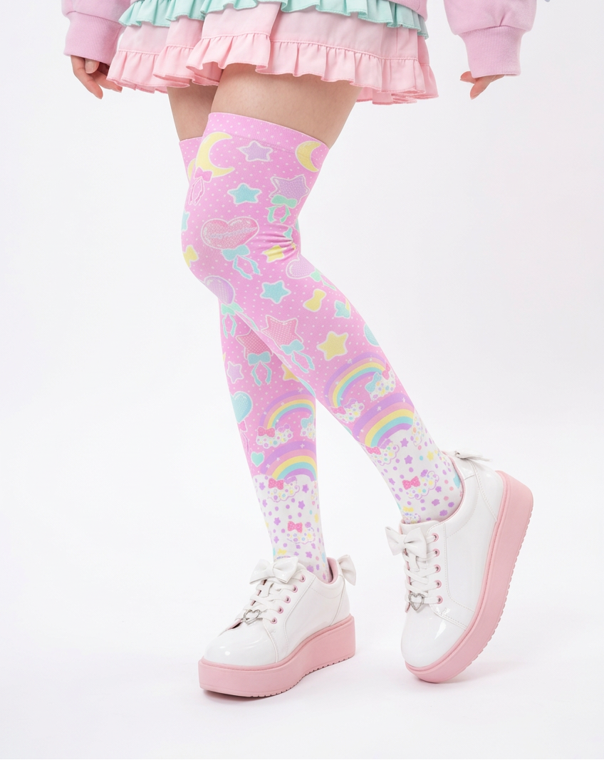 Fairy Kei Yume Kawaii Fashion Trendy pantyhose Jfashion Harajuku style Japanese Street Fashion Cutecore Heisei Retro Era Pastel Party Over Knee Stocking Socks (Pink) cute Japanese clothing dopamine dressing pastel rainbow 