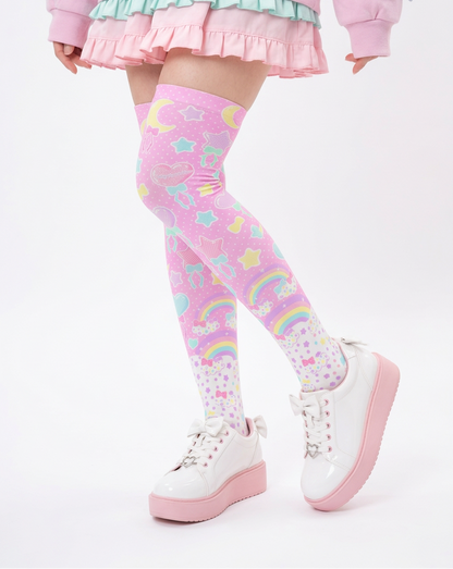 Fairy Kei Yume Kawaii Fashion Trendy pantyhose Jfashion Harajuku style Japanese Street Fashion Cutecore Heisei Retro Era Pastel Party Over Knee Stocking Socks (Pink) cute Japanese clothing dopamine dressing pastel rainbow 