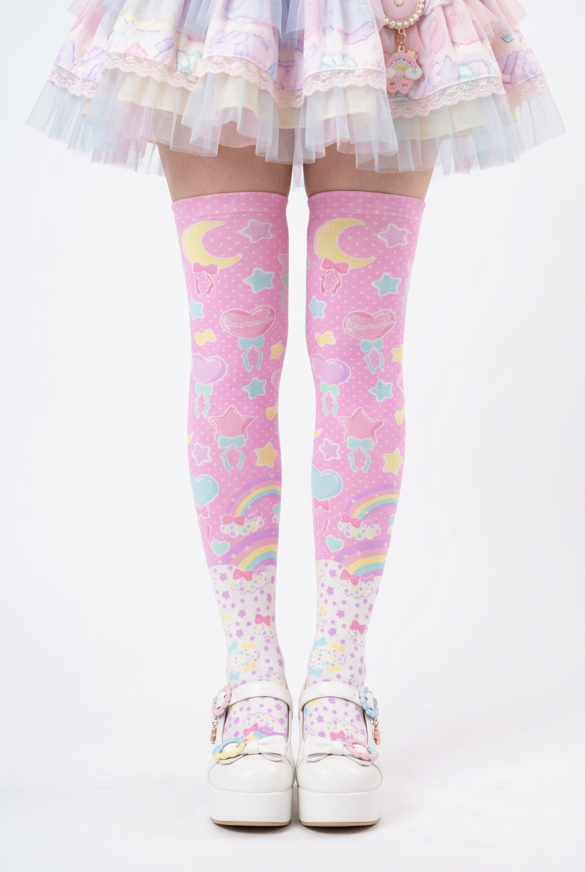 Fairy Kei Yume Kawaii Fashion Trendy pantyhose Jfashion Harajuku style Japanese Street Fashion Cutecore Heisei Retro Era Pastel Party Over Knee Stocking Socks (Pink) cute Japanese clothing dopamine dressing pastel rainbow 