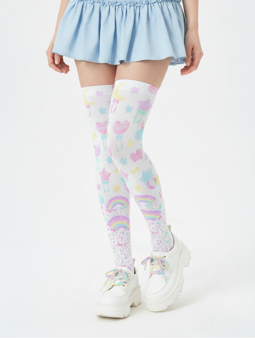 Fairy Kei Yume Kawaii Fashion Trendy pantyhose Jfashion Harajuku style Japanese Street Fashion Cutecore Heisei Retro Era Pastel Party Over Knee Stocking Socks (White) cute Japanese clothing dopamine dressing pastel rainbow