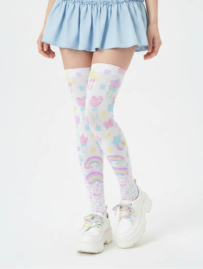 Fairy Kei Yume Kawaii Fashion Trendy pantyhose Jfashion Harajuku style Japanese Street Fashion Cutecore Heisei Retro Era Pastel Party Over Knee Stocking Socks (White) cute Japanese clothing dopamine dressing pastel rainbow