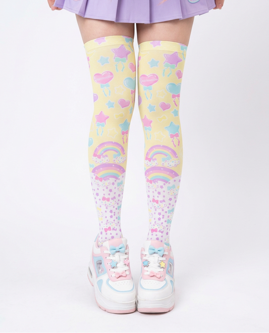 Fairy Kei Yume Kawaii Fashion Trendy pantyhose Jfashion Harajuku style Japanese Street Fashion Cutecore Heisei Retro Era Pastel Party Over Knee Stocking Socks (Yellow) cute Japanese clothing dopamine dressing pastel rainbow 