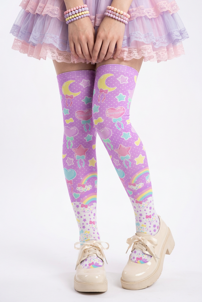 Fairy Kei Yume Kawaii Fashion Trendy pantyhose Jfashion Harajuku style Japanese Street Fashion Cutecore Heisei Retro Era Pastel Party Over Knee Stocking Socks (Lavender) cute Japanese clothing dopamine dressing pastel rainbow purple