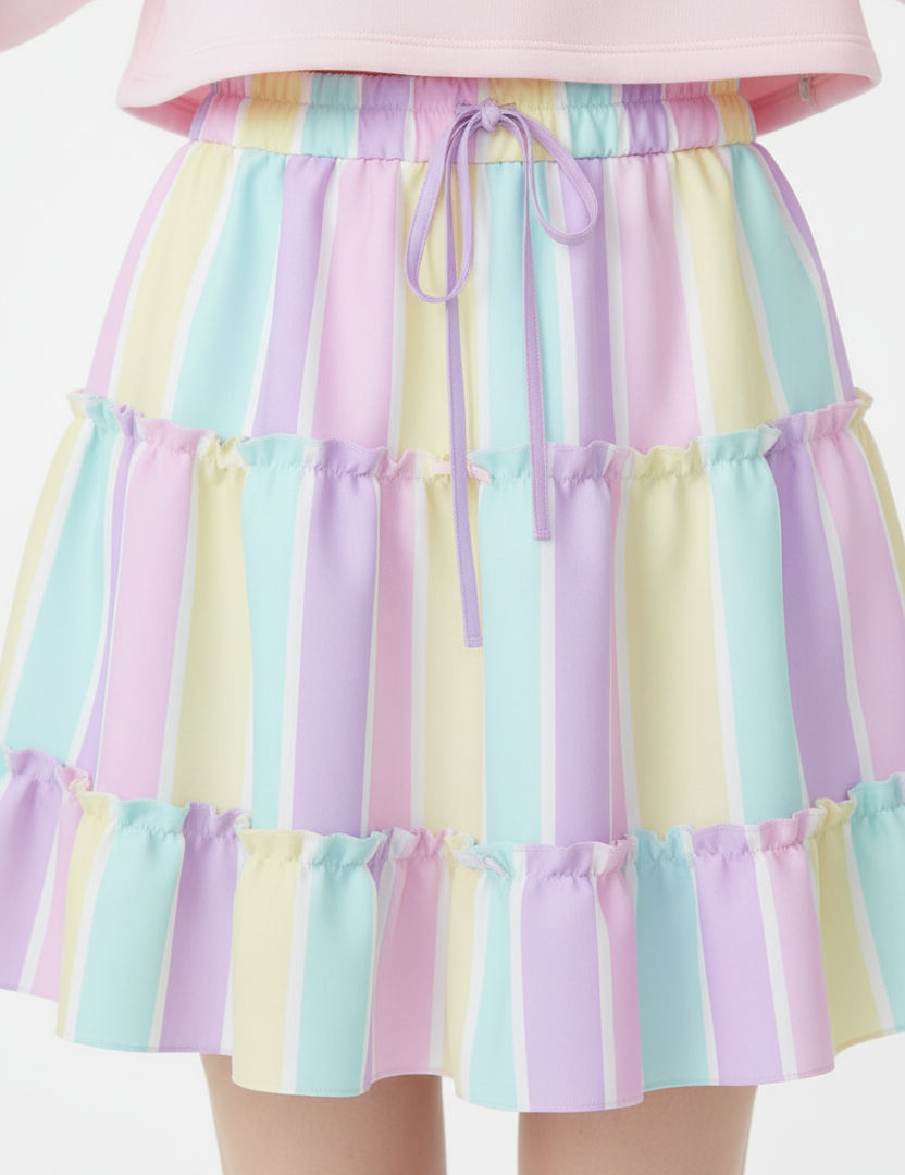 Fairy kei Yume kawaii Cutecor jojifuku Kawaii fashion Jfashion Harajuku style Pastel Stripes Waist Tie Tiered Ruffle Mini Skirt Heisei retro era pastel rainbow color block easter colors Holley Tea Time