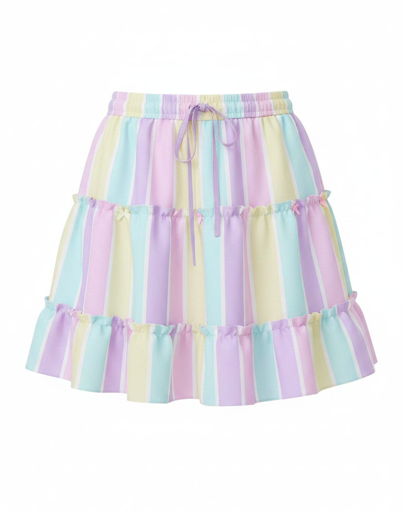 Fairy kei Yume kawaii Cutecor jojifuku Kawaii fashion Jfashion Harajuku style Pastel Stripes Waist Tie Tiered Ruffle Mini Skirt Heisei retro era pastel rainbow color block easter colors Holley Tea Time