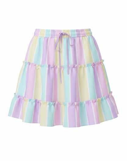 Fairy kei Yume kawaii Cutecor jojifuku Kawaii fashion Jfashion Harajuku style Pastel Stripes Waist Tie Tiered Ruffle Mini Skirt Heisei retro era pastel rainbow color block easter colors Holley Tea Time