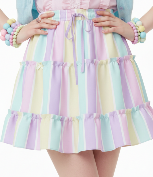 Fairy kei Yume kawaii Cutecor jojifuku Kawaii fashion Jfashion Harajuku style Pastel Stripes Waist Tie Tiered Ruffle Mini Skirt Heisei retro era pastel rainbow color block easter colors Holley Tea Time