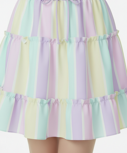 Fairy kei Yume kawaii Cutecor jojifuku Kawaii fashion Jfashion Harajuku style Pastel Stripes Waist Tie Tiered Ruffle Mini Skirt Heisei retro era pastel rainbow color block easter colors Holley Tea Time