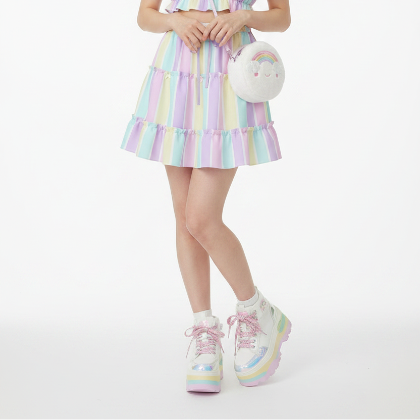 Fairy kei Yume kawaii Cutecor jojifuku Kawaii fashion Jfashion Harajuku style Pastel Stripes Waist Tie Tiered Ruffle Mini Skirt Heisei retro era pastel rainbow color block easter colors Holley Tea Time