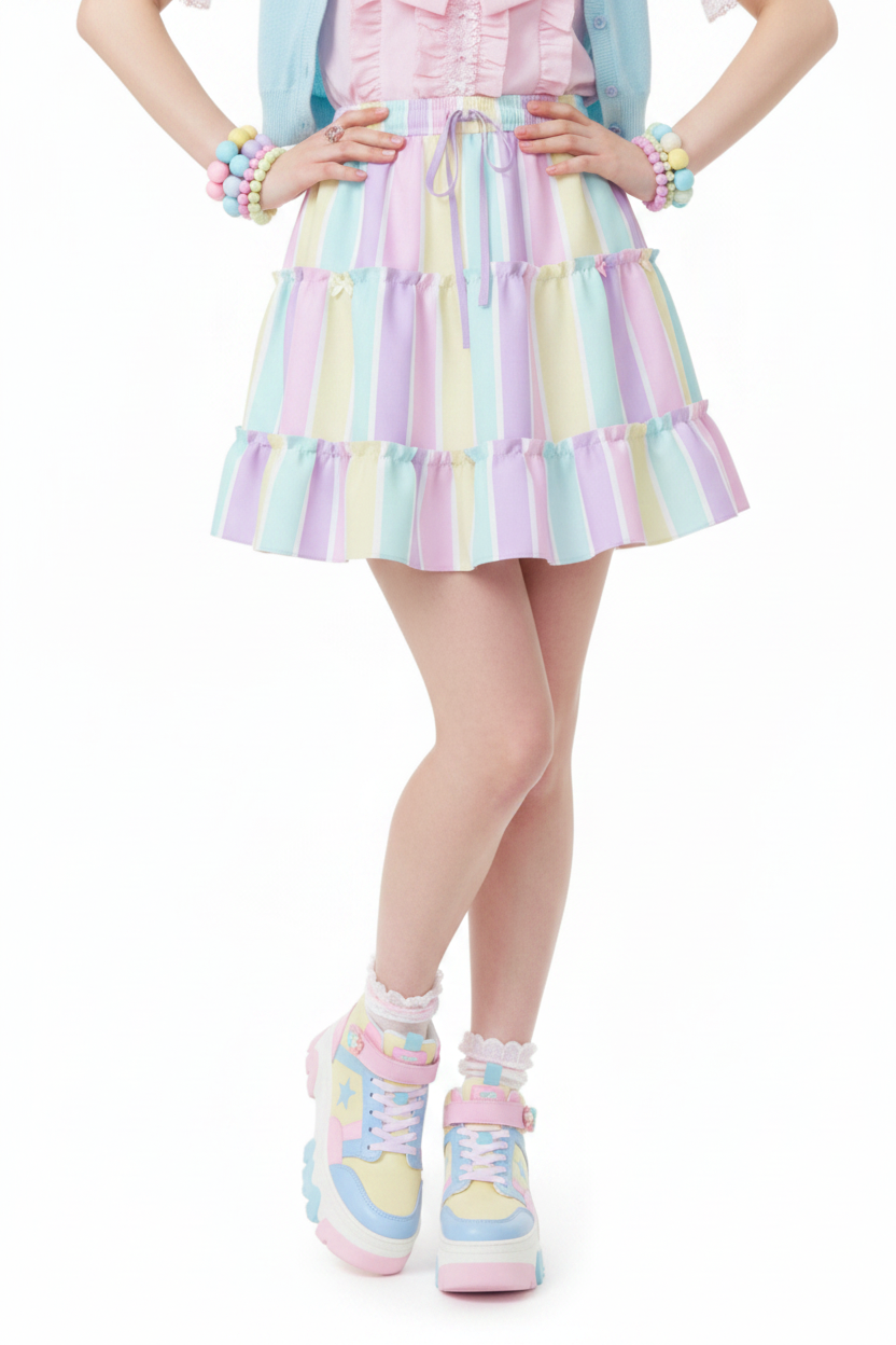 Fairy kei Yume kawaii Cutecor jojifuku Kawaii fashion Jfashion Harajuku style Pastel Stripes Waist Tie Tiered Ruffle Mini Skirt Heisei retro era pastel rainbow color block easter colors Holley Tea Time