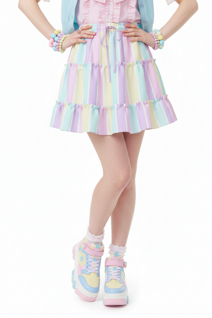 Fairy kei Yume kawaii Cutecor jojifuku Kawaii fashion Jfashion Harajuku style Pastel Stripes Waist Tie Tiered Ruffle Mini Skirt Heisei retro era pastel rainbow color block easter colors Holley Tea Time