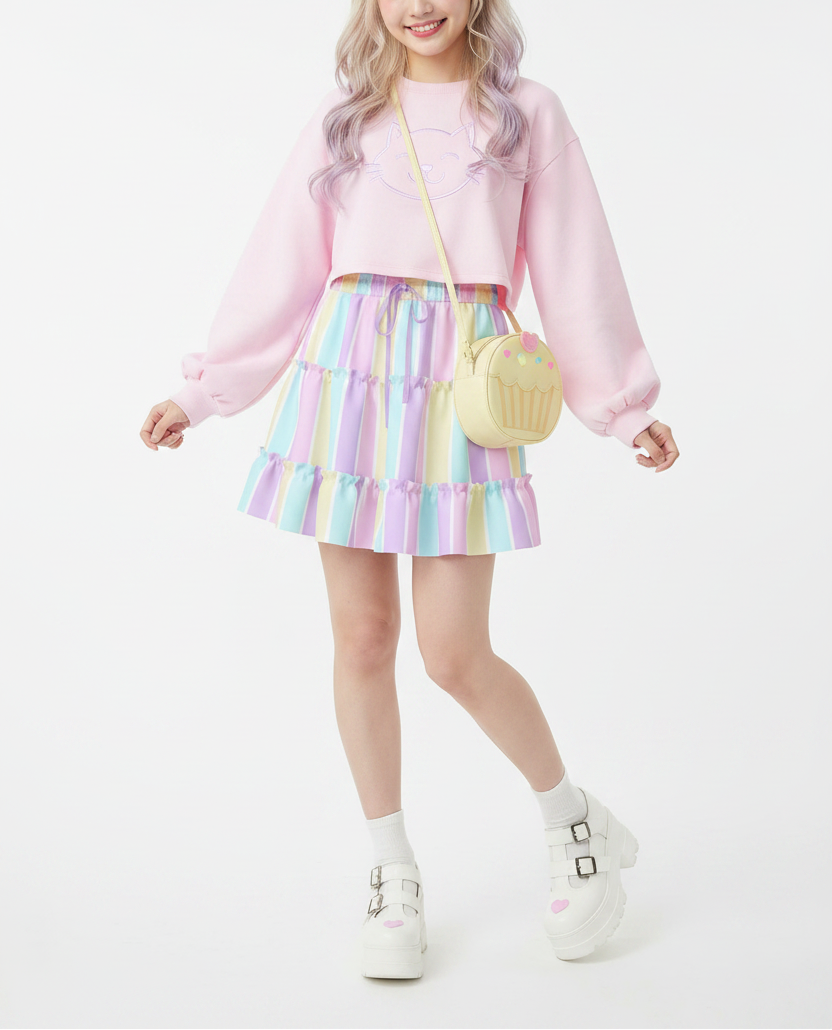 Fairy kei Yume kawaii Cutecor jojifuku Kawaii fashion Jfashion Harajuku style Pastel Stripes Waist Tie Tiered Ruffle Mini Skirt Heisei retro era pastel rainbow color block easter colors Holley Tea Time