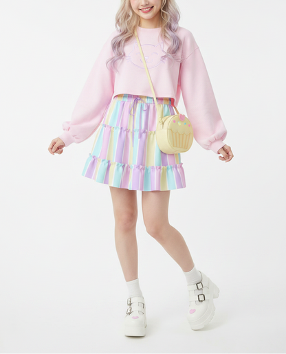 Fairy kei Yume kawaii Cutecor jojifuku Kawaii fashion Jfashion Harajuku style Pastel Stripes Waist Tie Tiered Ruffle Mini Skirt Heisei retro era pastel rainbow color block easter colors Holley Tea Time