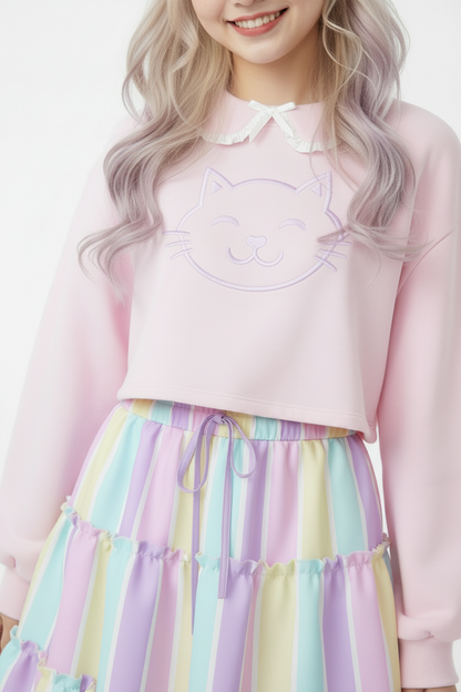 Fairy kei Yume kawaii Cutecor jojifuku Kawaii fashion Jfashion Harajuku style Pastel Stripes Waist Tie Tiered Ruffle Mini Skirt Heisei retro era pastel rainbow color block easter colors Holley Tea Time