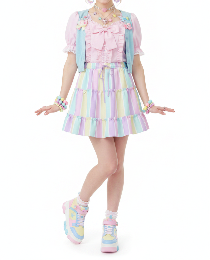 Fairy kei Yume kawaii Cutecor jojifuku Kawaii fashion Jfashion Harajuku style Pastel Stripes Waist Tie Tiered Ruffle Mini Skirt Heisei retro era pastel rainbow color block easter colors Holley Tea Time