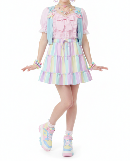 Fairy kei Yume kawaii Cutecor jojifuku Kawaii fashion Jfashion Harajuku style Pastel Stripes Waist Tie Tiered Ruffle Mini Skirt Heisei retro era pastel rainbow color block easter colors Holley Tea Time
