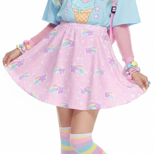 Fairy kei Yume kawaii Kawaii fashion Jfashion Harajuku style Japanese street fashion Bubblegum Bunny Shooting Stars Mini Skater Skirt Pink pastel cutecore jojifuku heisei retro colorful