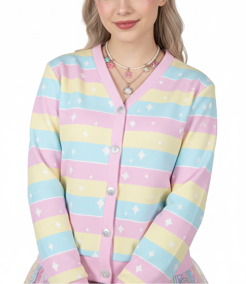 Fairy kei Yume kawaii Pastel Kawaii fashion Harajuku fashion jfashion pink yellow blue Magical girl Teatime Fantasy Rainbow Women's Ribbed Button Up Cardigan